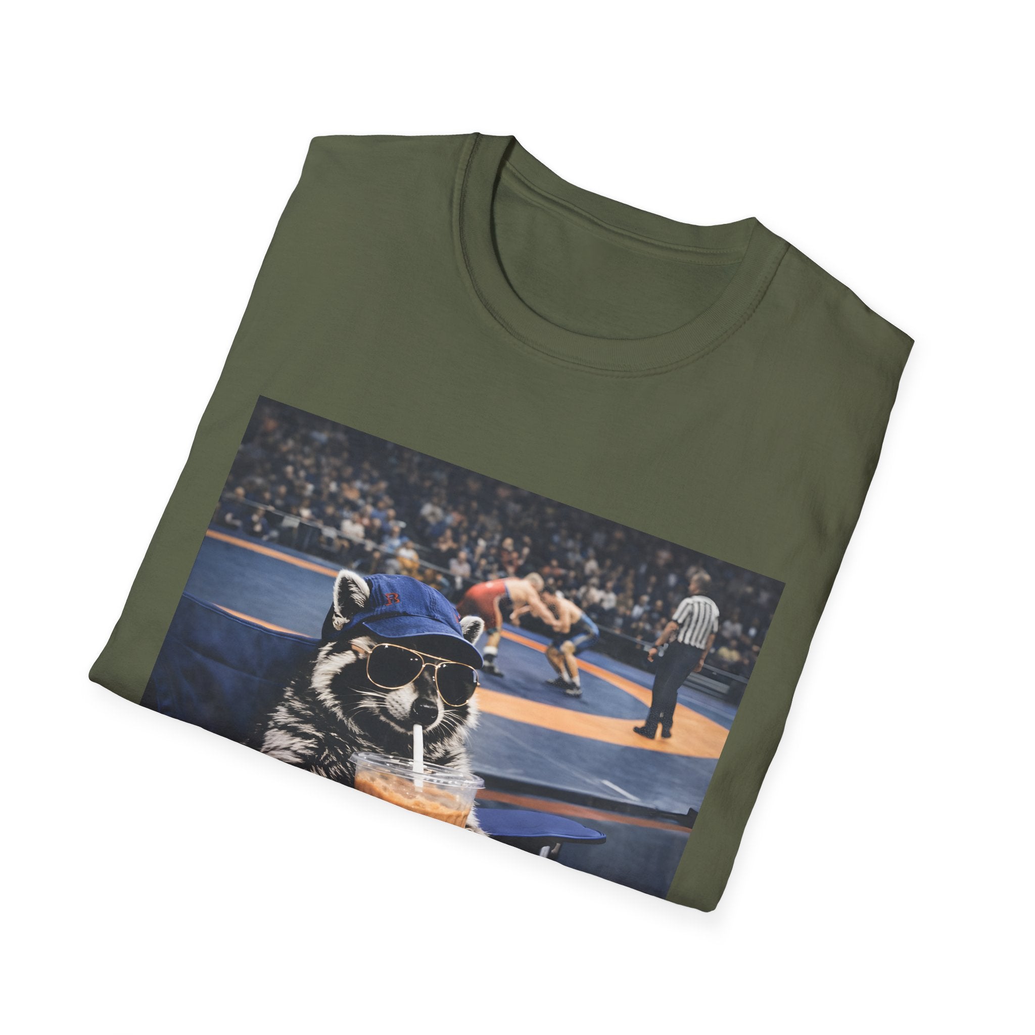 Wrestling Raccoon T‑Shirt — 'I Live Here Now' Funny Sports Tee