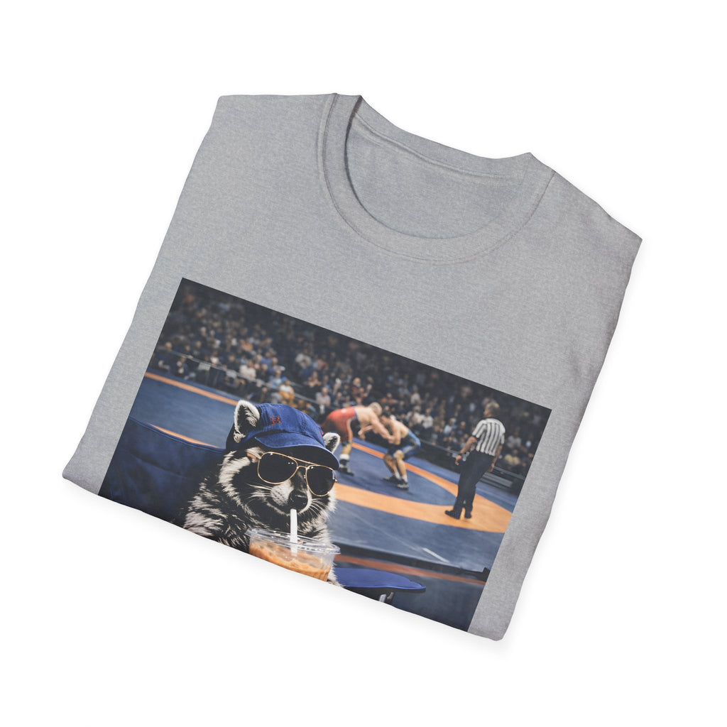 Wrestling Raccoon T‑Shirt — 'I Live Here Now' Funny Sports Tee