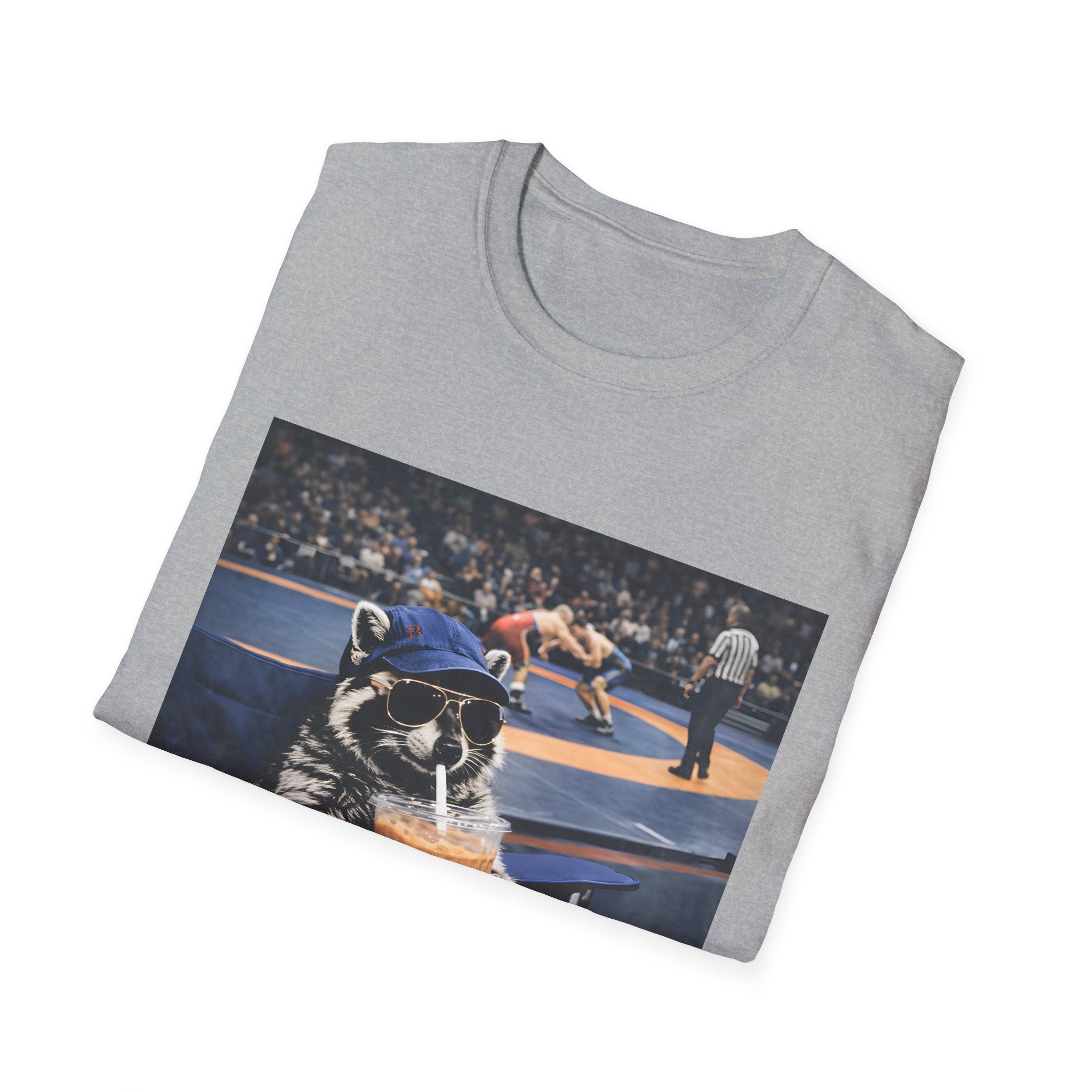 Wrestling Raccoon T‑Shirt — 'I Live Here Now' Funny Sports Tee