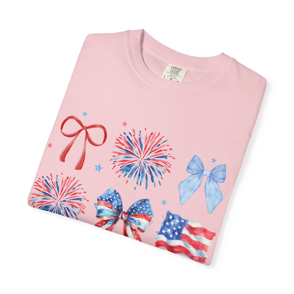 Patriotic Bows & Fireworks T-Shirt — American Flag Fourth of July Tee