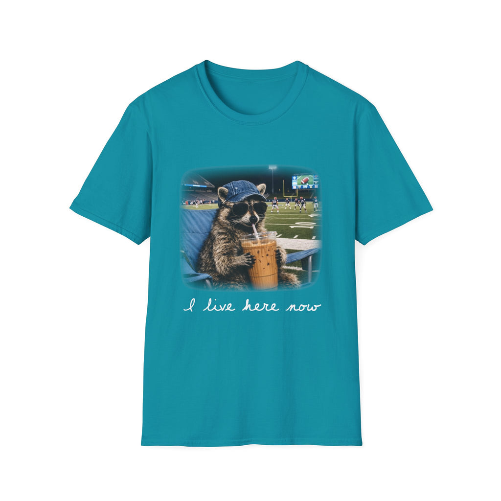 Raccoon Football Stadium Tee – "I Live Here Now" Graphic T-Shirt