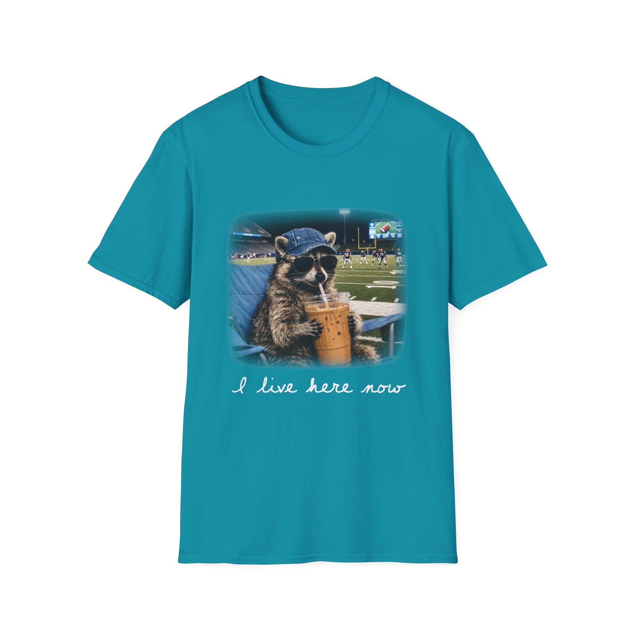 Raccoon Football Stadium Tee – "I Live Here Now" Graphic T-Shirt