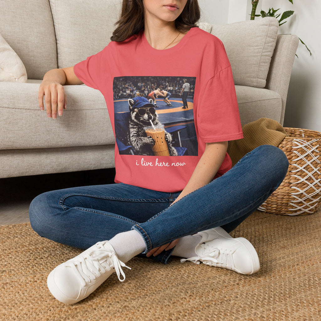 Wrestling Raccoon T‑Shirt — 'I Live Here Now' Funny Sports Tee