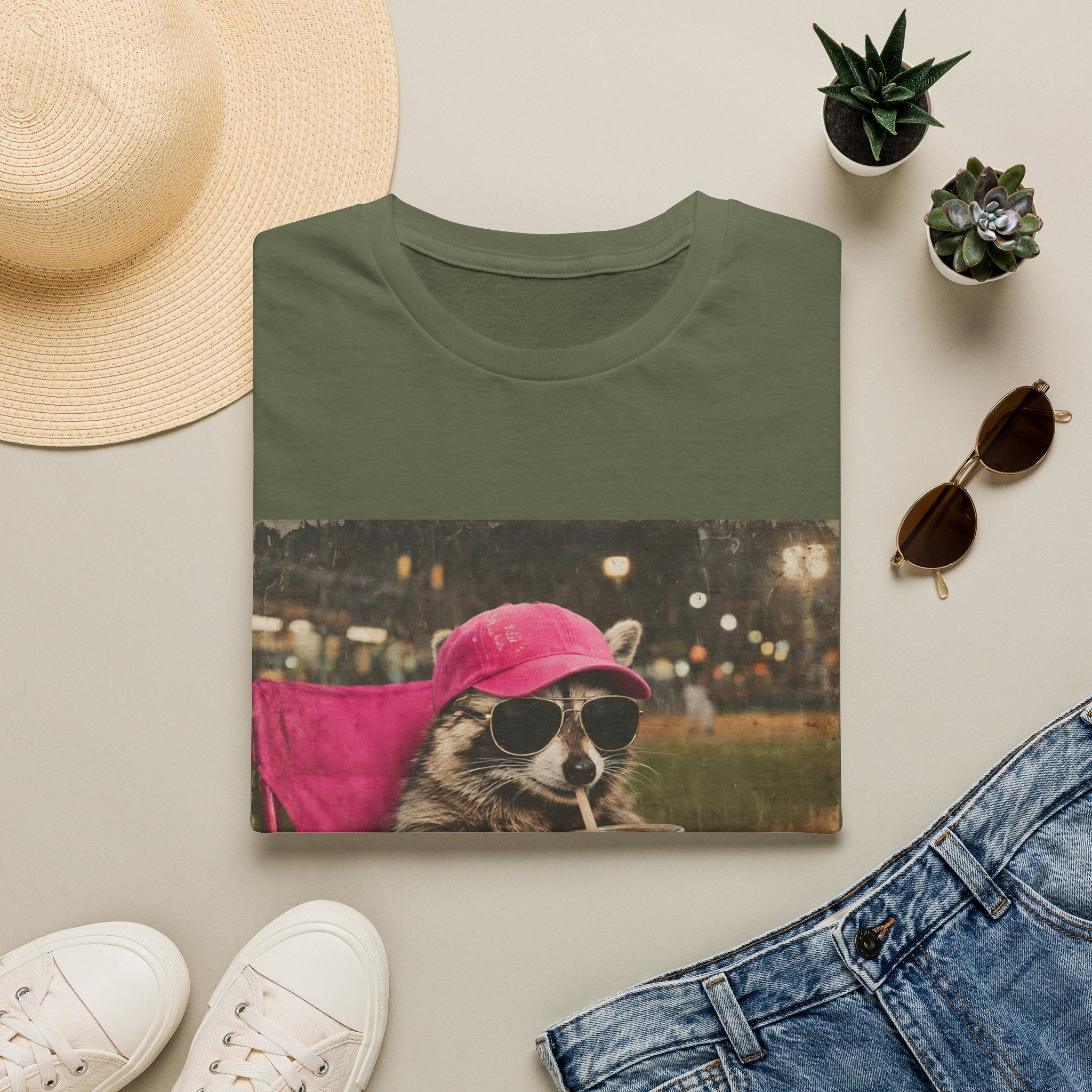 Raccoon Baseball/Softball Relaxing T-Shirt — 'Live Here Now' Retro Vacation Graphic Tee