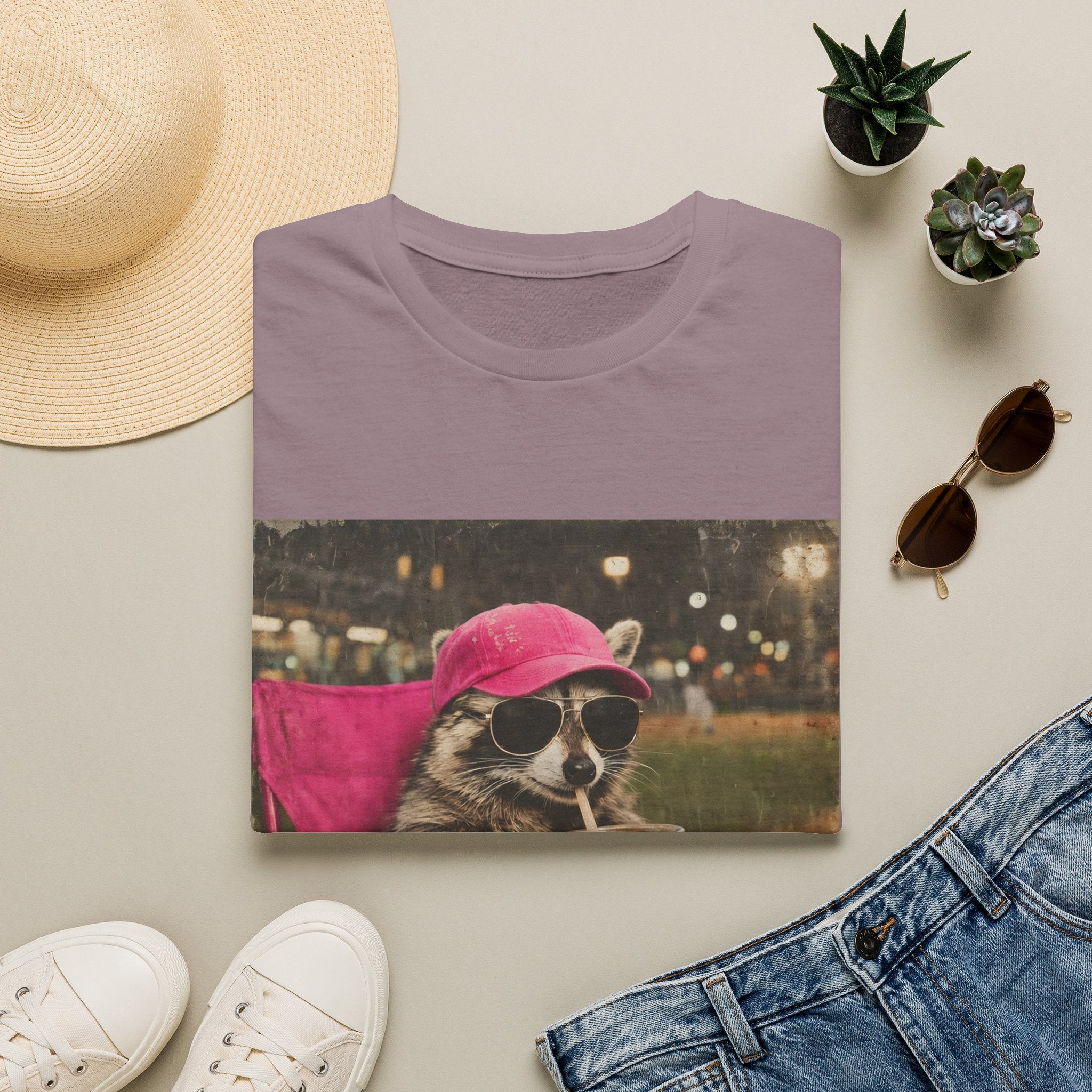 Raccoon Baseball/Softball Relaxing T-Shirt — 'Live Here Now' Retro Vacation Graphic Tee