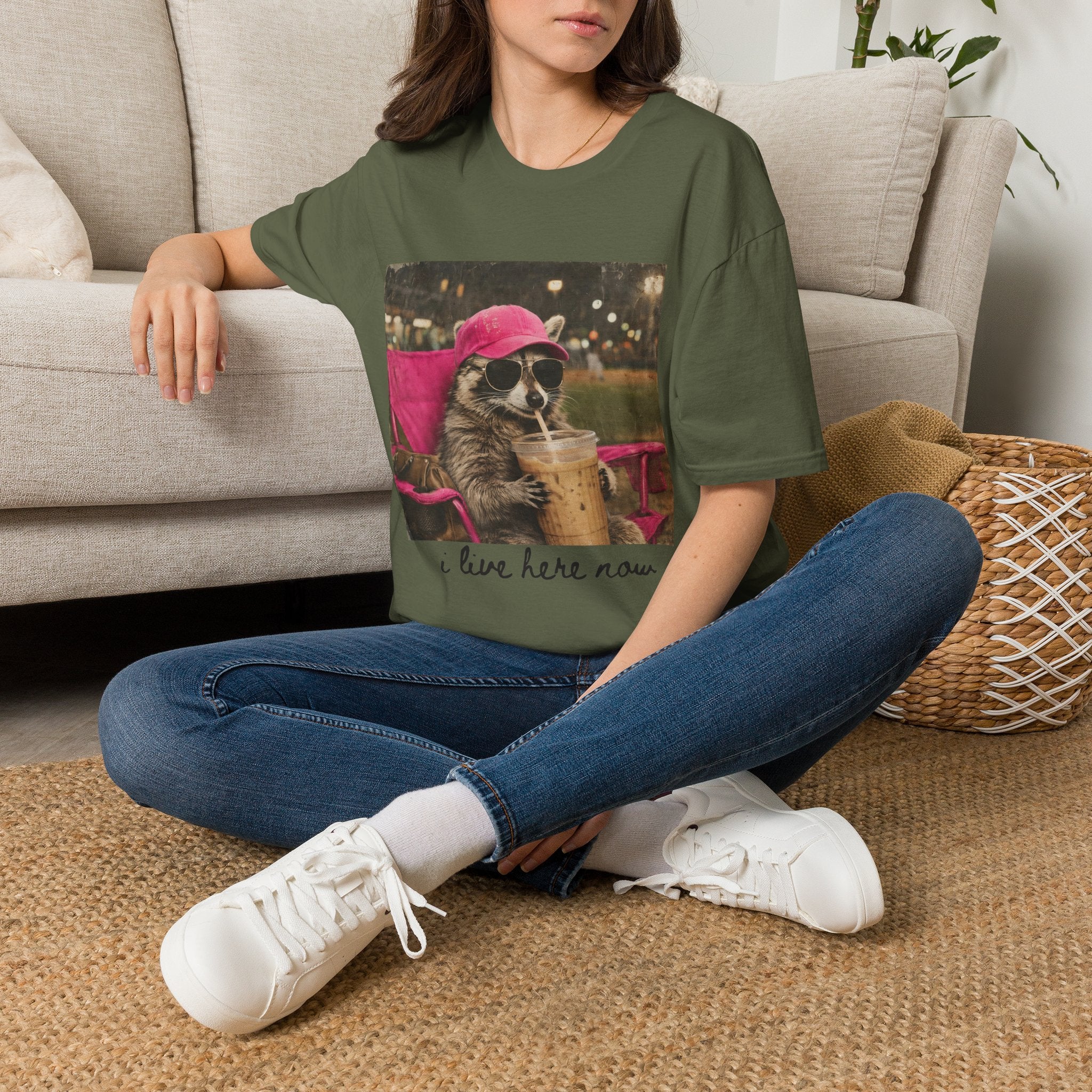 Raccoon Baseball/Softball Relaxing T-Shirt — 'Live Here Now' Retro Vacation Graphic Tee