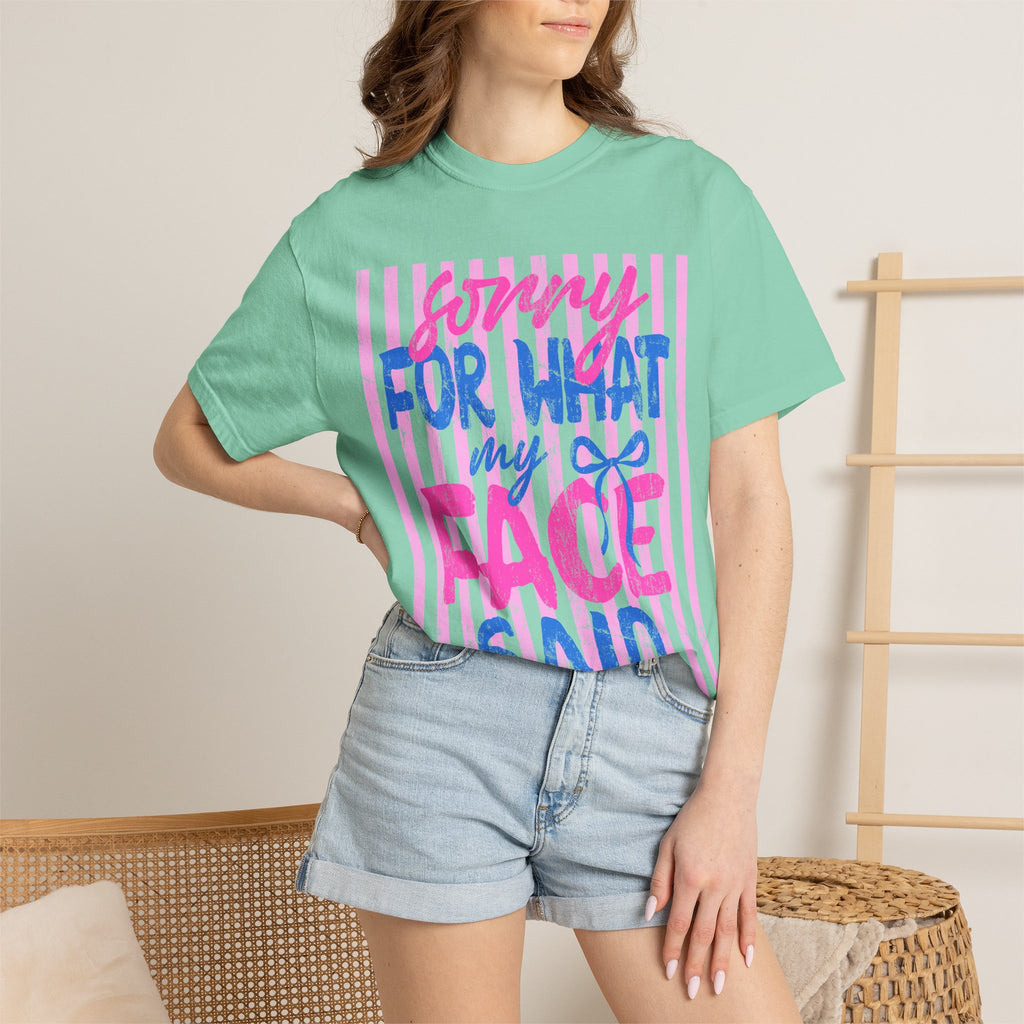 T-Shirt — "Sorry For What My Face Said" Graphic Tee (Pink & Blue Stripes)