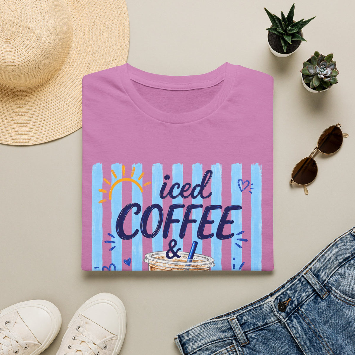 Iced Coffee & Sunshine T-Shirt — Cute Blue Striped Summer Tee