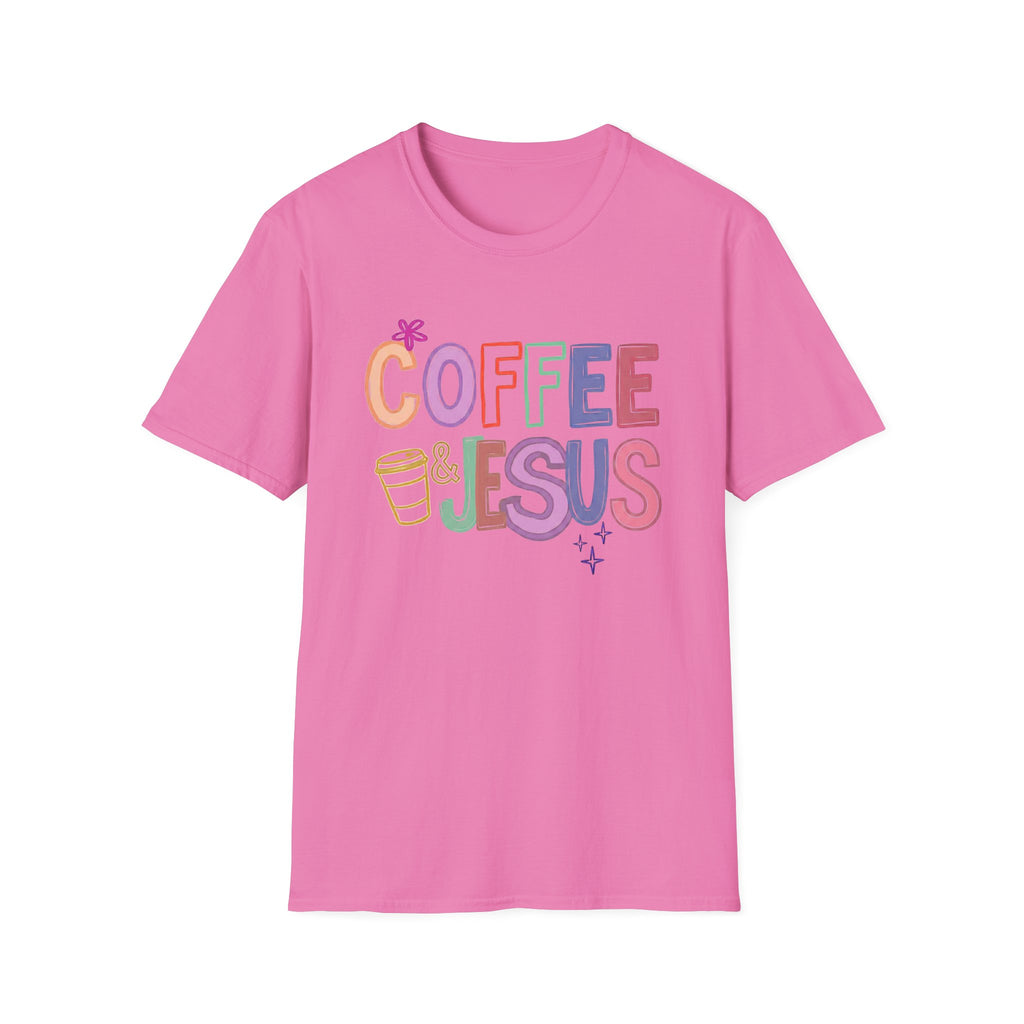 Coffee & Jesus T‑Shirt — Colorful Faith Graphic Tee for Women