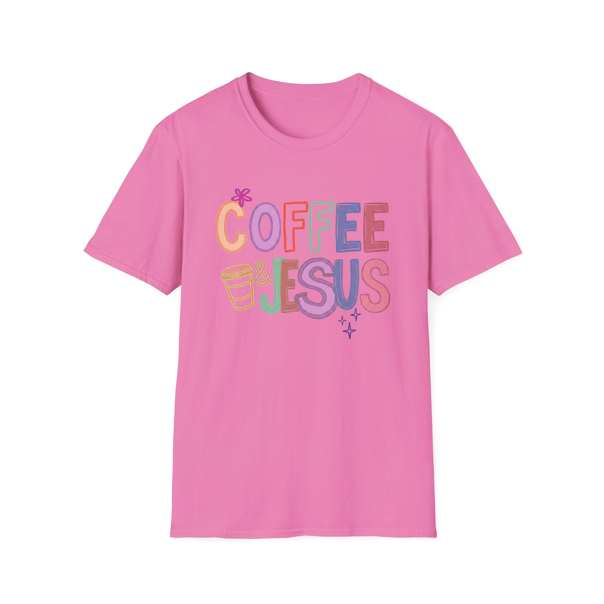 Coffee & Jesus T‑Shirt — Colorful Faith Graphic Tee for Women