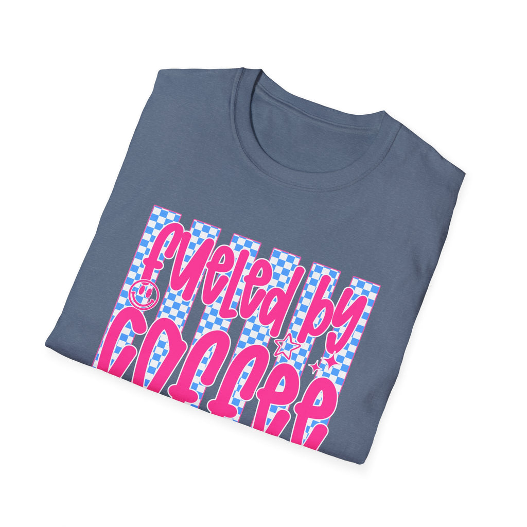 Fueled By Coffee And Anxiety T-Shirt — Retro Pink & Blue Checker Graphic