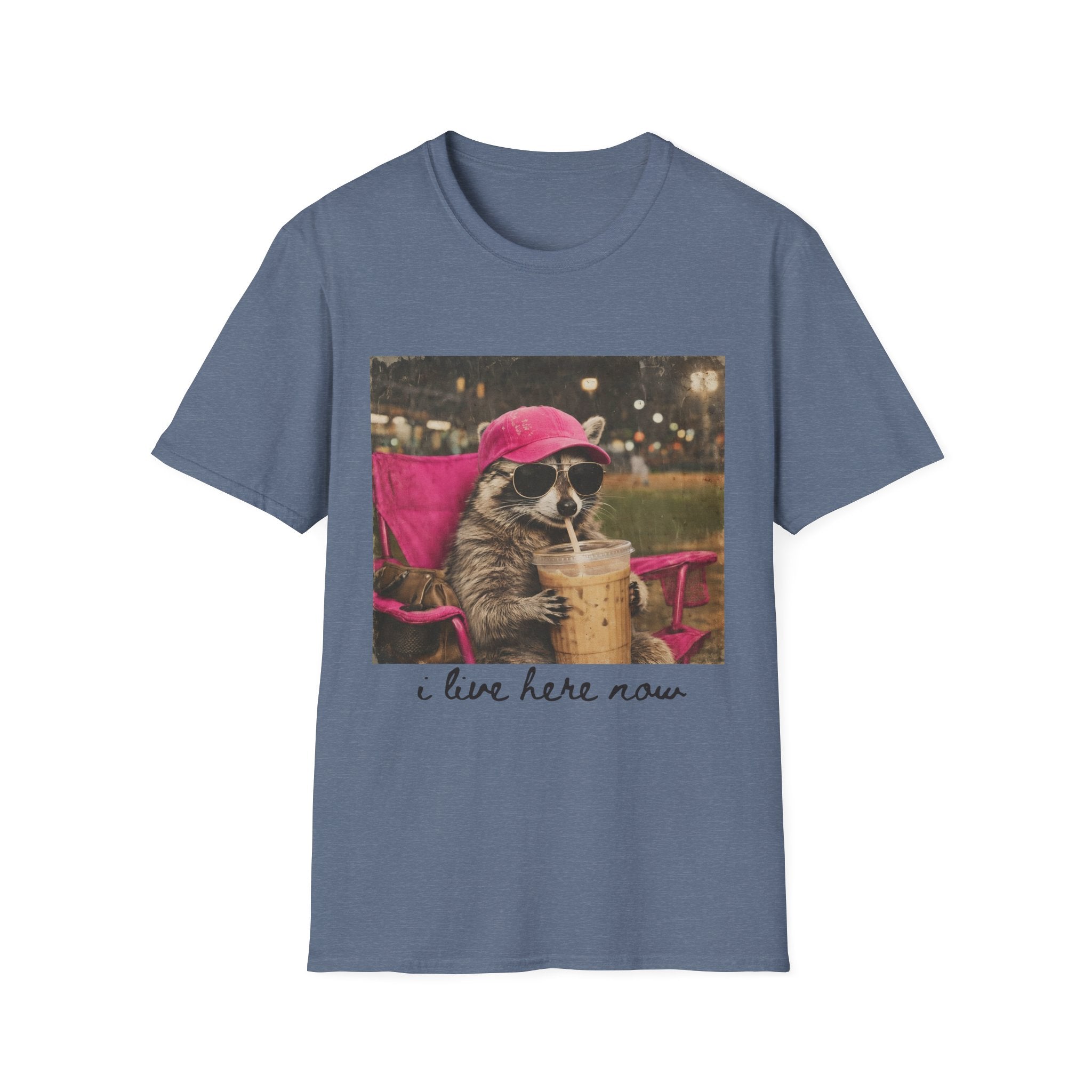 Raccoon Baseball/Softball Relaxing T-Shirt — 'Live Here Now' Retro Vacation Graphic Tee