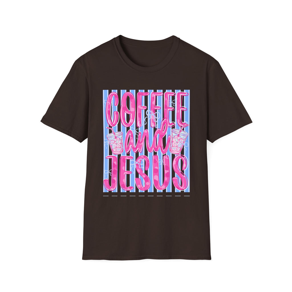 Coffee and Jesus T‑Shirt — Retro Pink & Blue Faith Graphic Tee