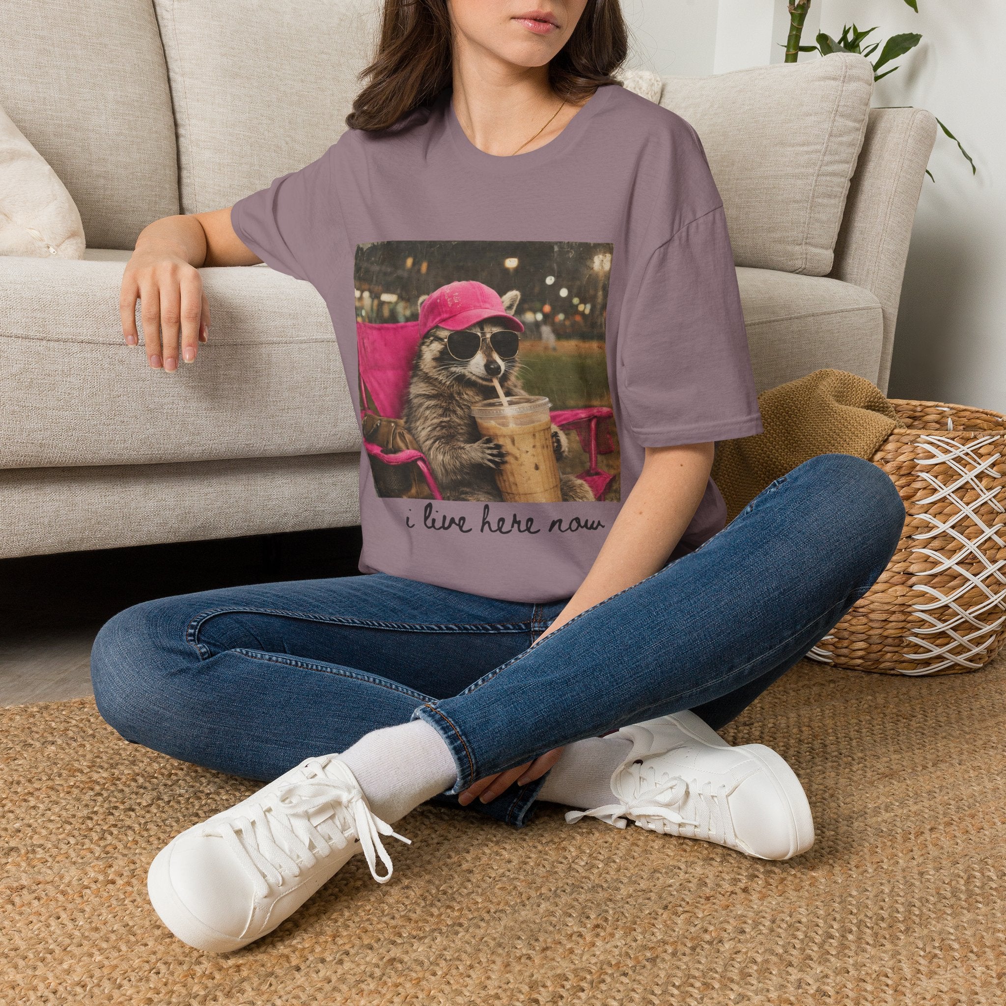Raccoon Baseball/Softball Relaxing T-Shirt — 'Live Here Now' Retro Vacation Graphic Tee