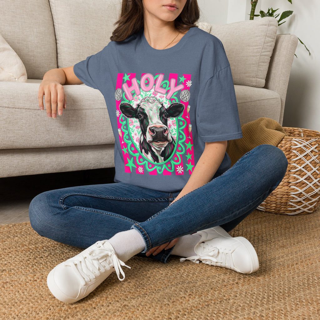 Holly Cow Graphic T-Shirt — Festive Cow Art Tee