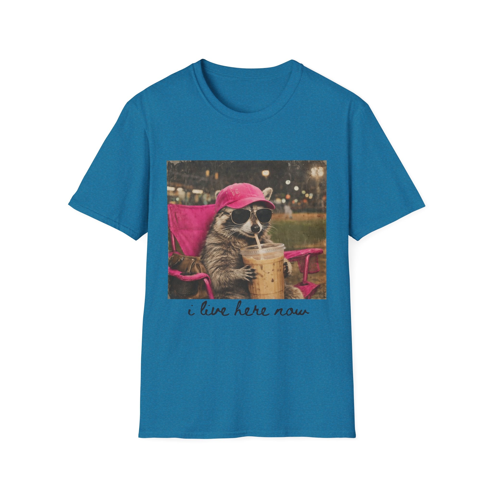 Raccoon Baseball/Softball Relaxing T-Shirt — 'Live Here Now' Retro Vacation Graphic Tee