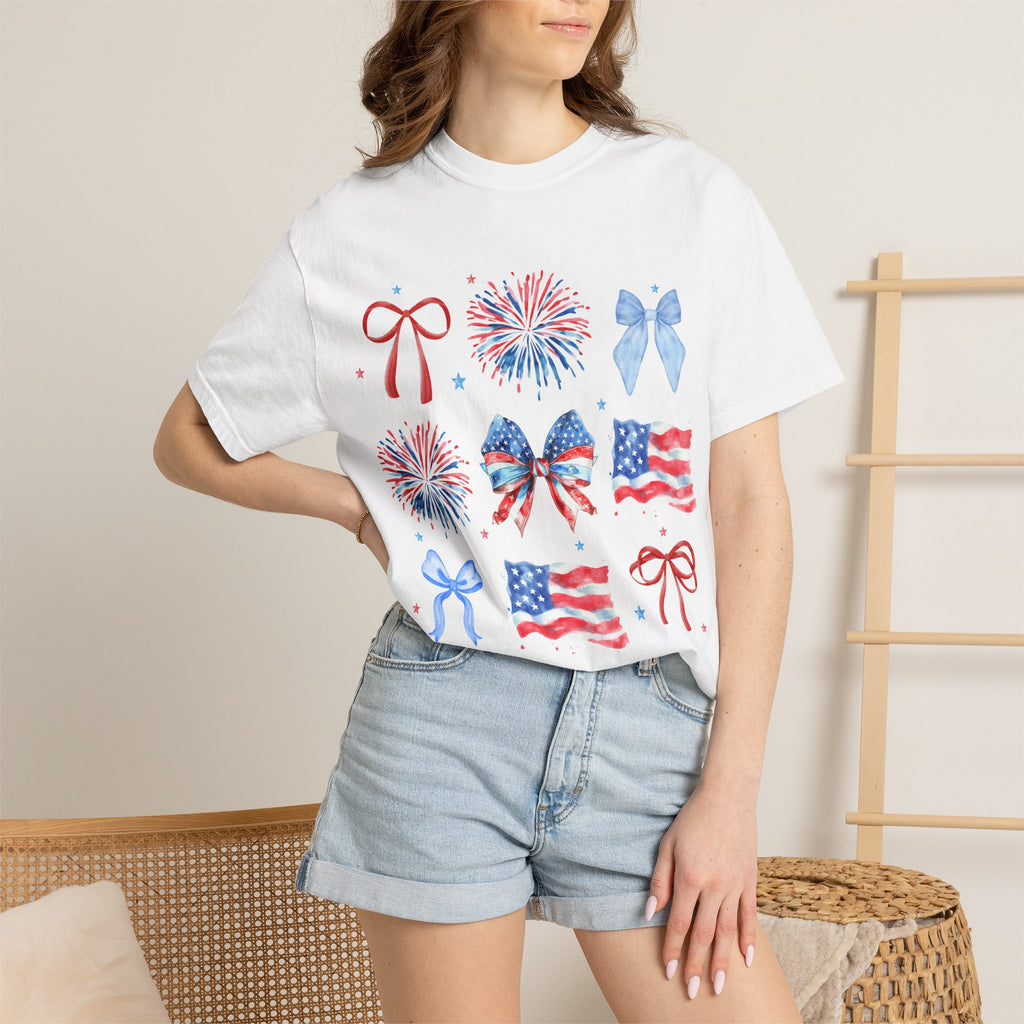 Patriotic Bows & Fireworks T-Shirt — American Flag Fourth of July Tee