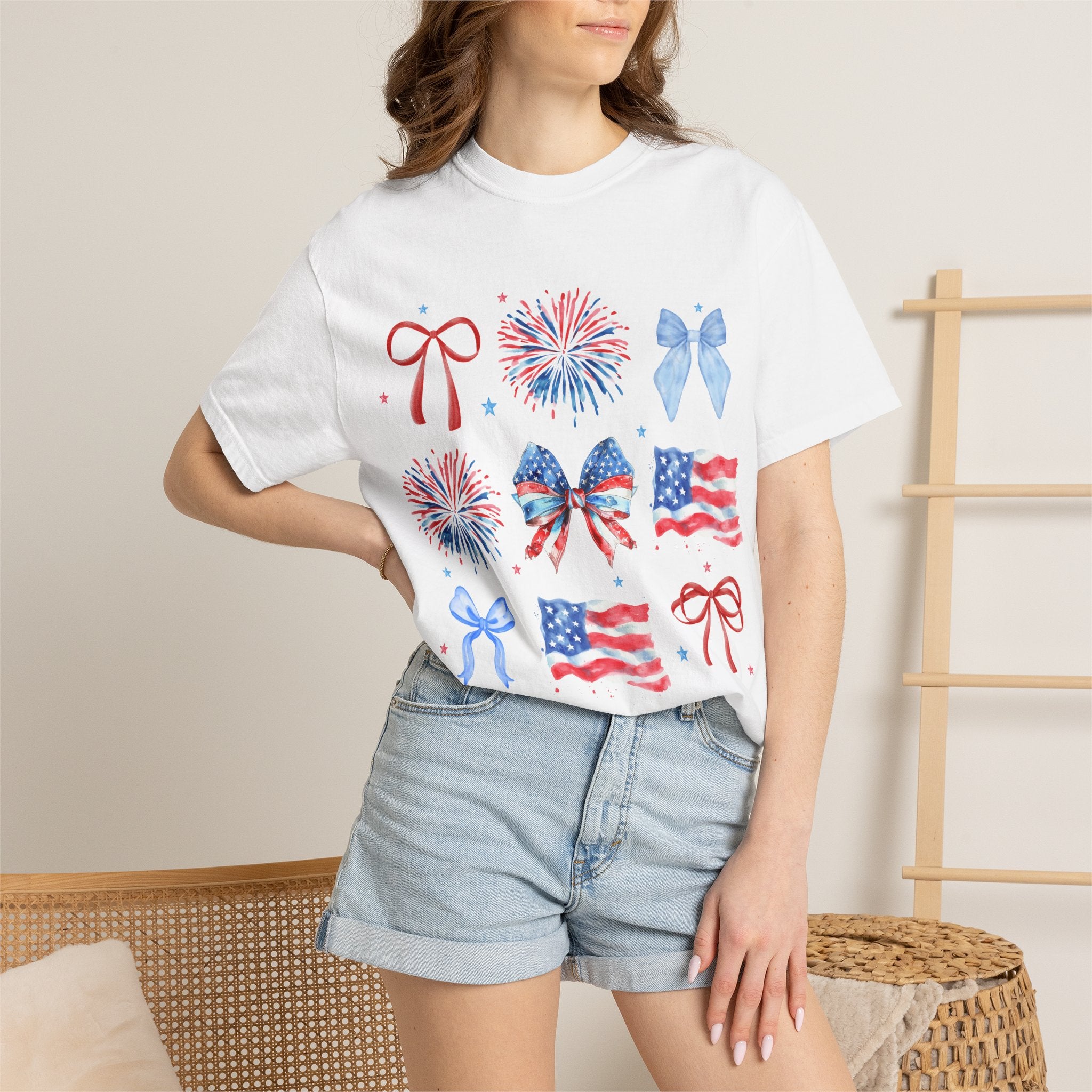 Patriotic Bows & Fireworks T-Shirt — American Flag Fourth of July Tee