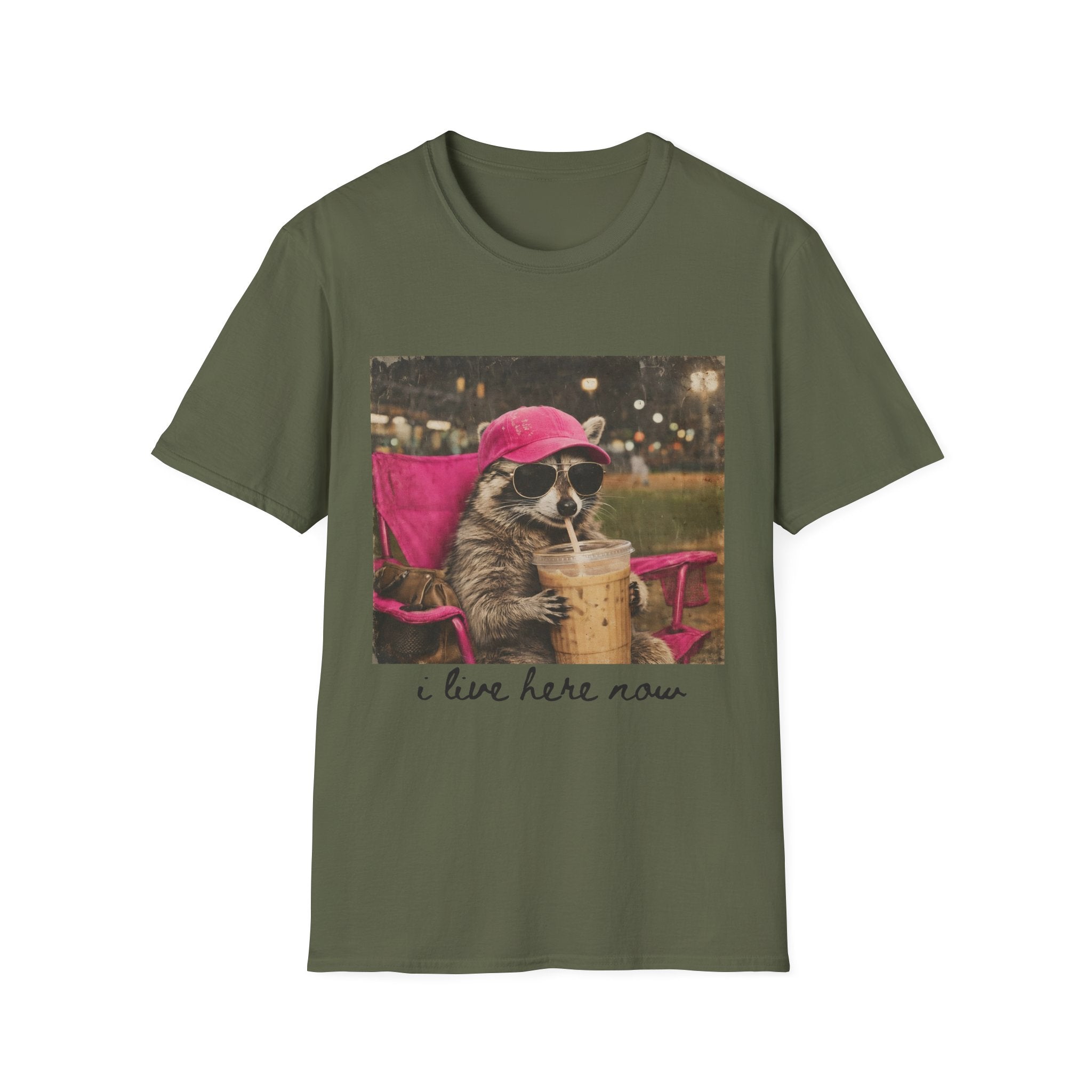 Raccoon Baseball/Softball Relaxing T-Shirt — 'Live Here Now' Retro Vacation Graphic Tee
