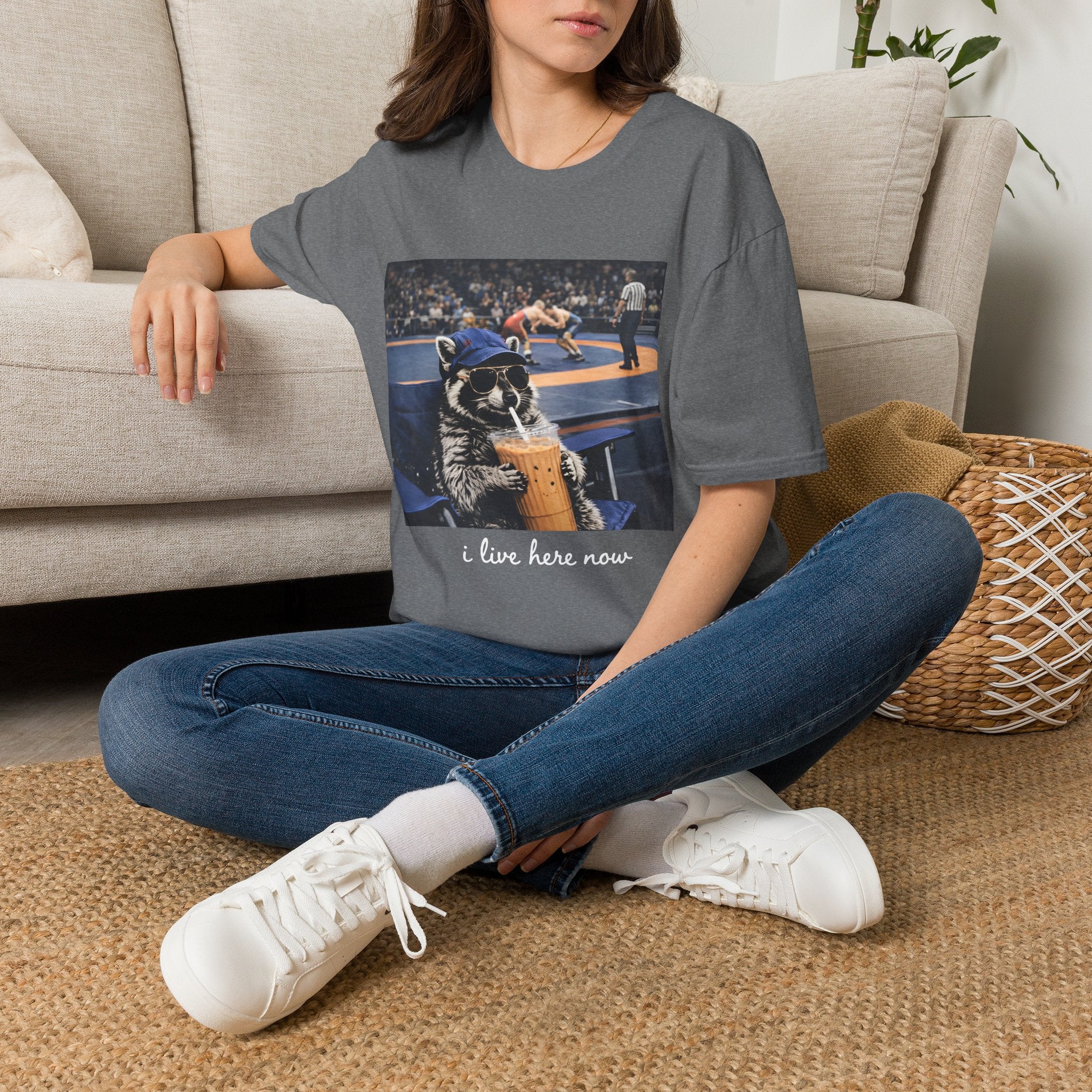 Wrestling Raccoon T‑Shirt — 'I Live Here Now' Funny Sports Tee
