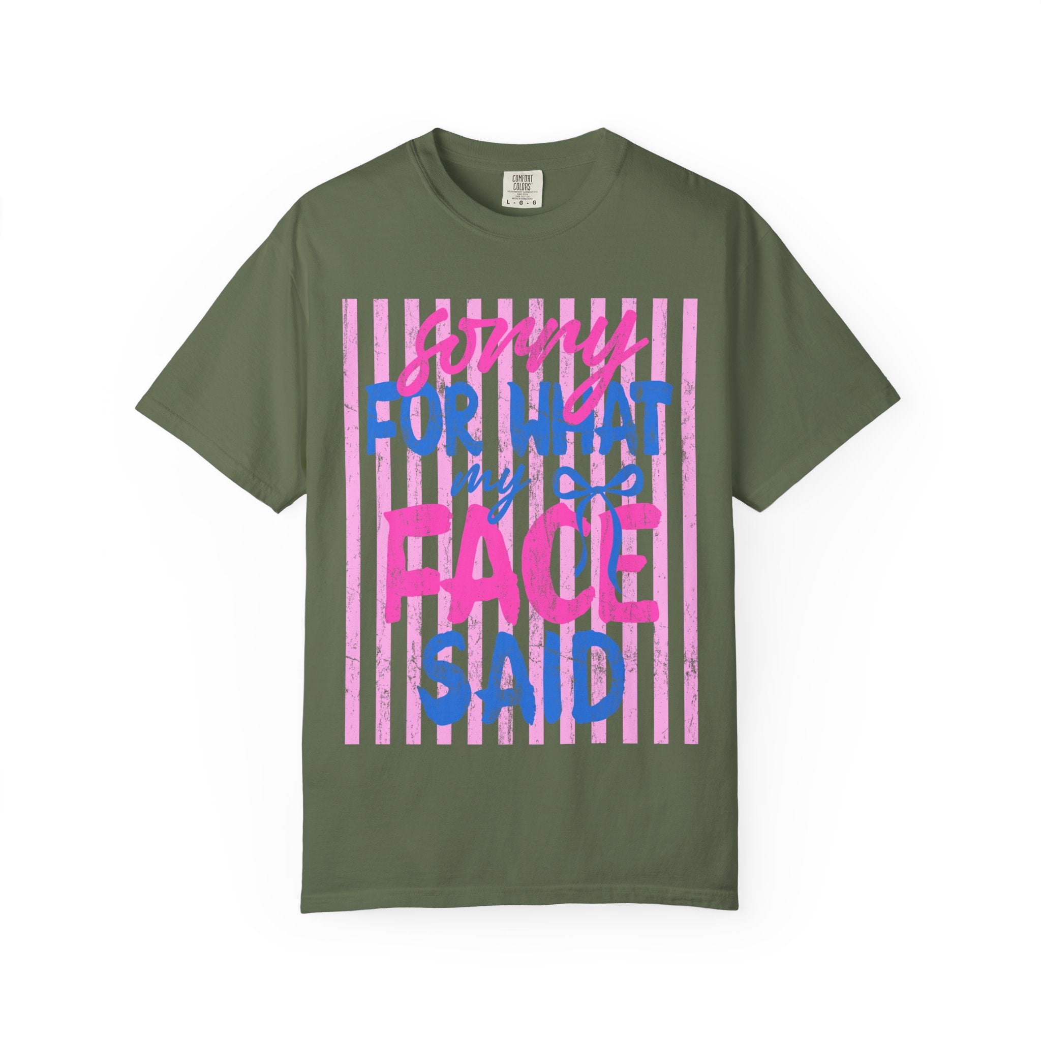 T-Shirt — "Sorry For What My Face Said" Graphic Tee (Pink & Blue Stripes)