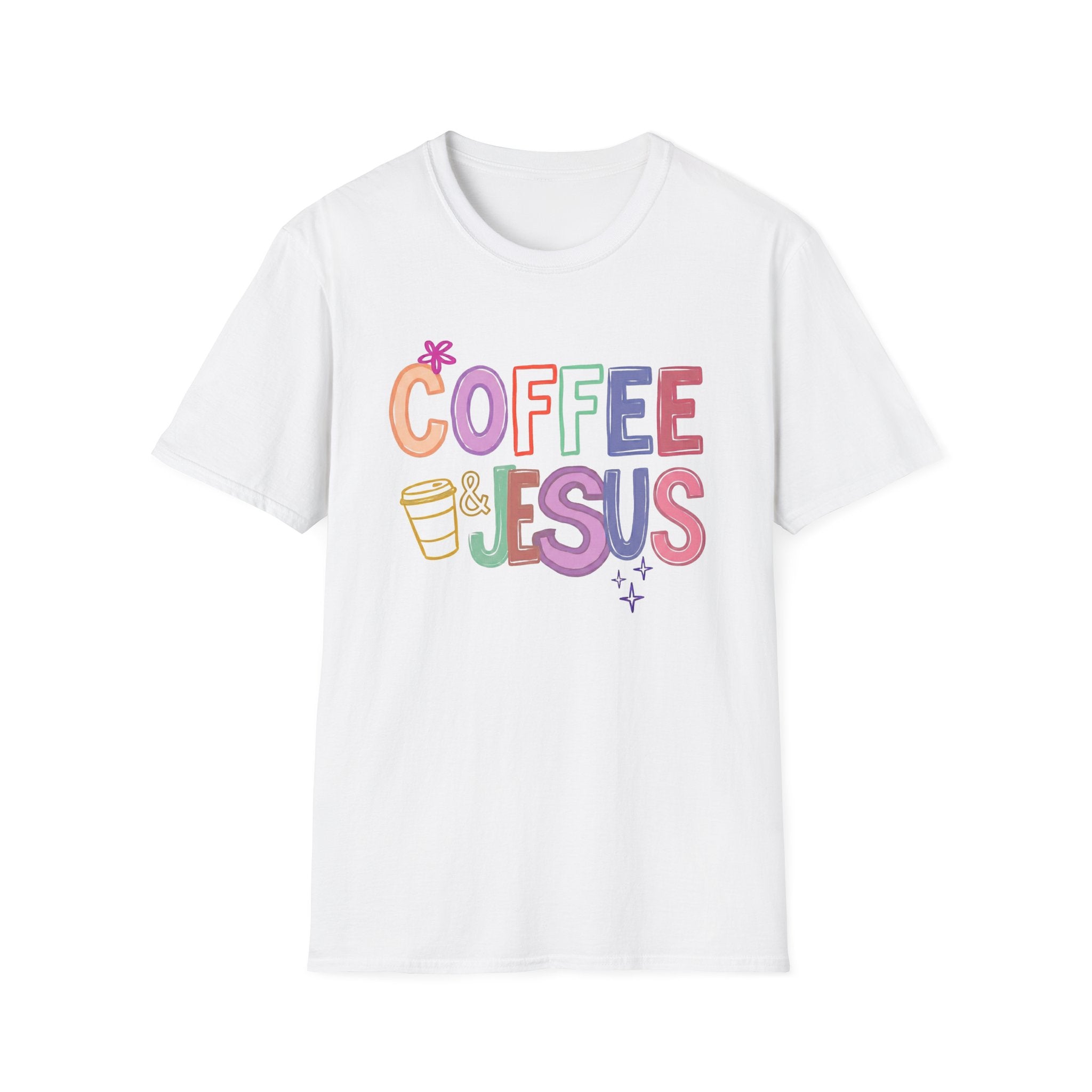 Coffee & Jesus T‑Shirt — Colorful Faith Graphic Tee for Women