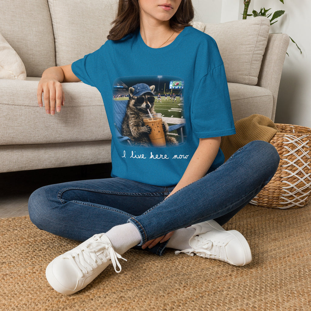 Raccoon Football Stadium Tee – "I Live Here Now" Graphic T-Shirt