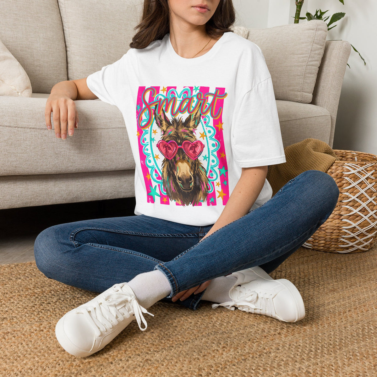 Smart Donkey T-Shirt — Colorful Heart-Sunglasses Graphic Tee for Animal Lovers