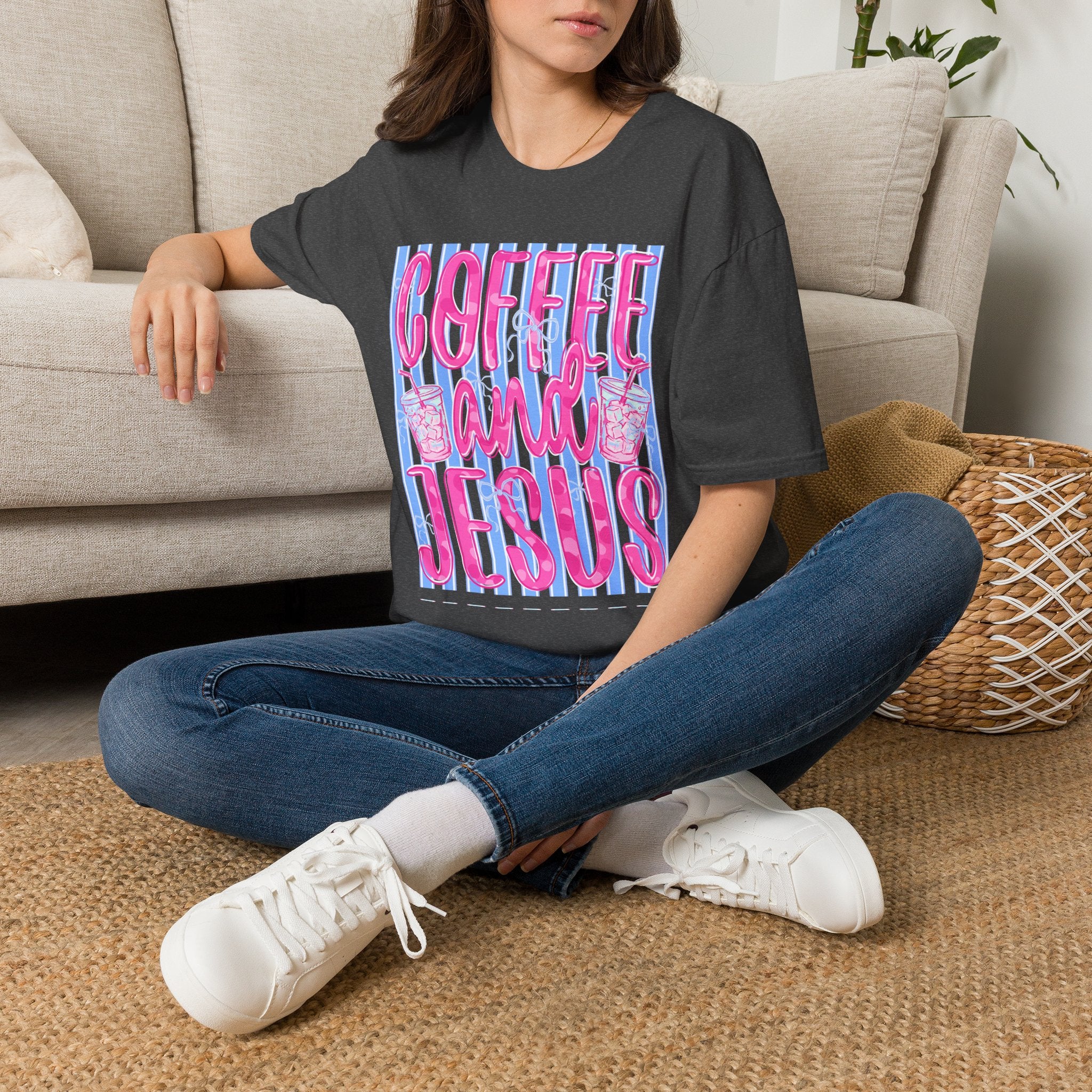 Coffee and Jesus T‑Shirt — Retro Pink & Blue Faith Graphic Tee