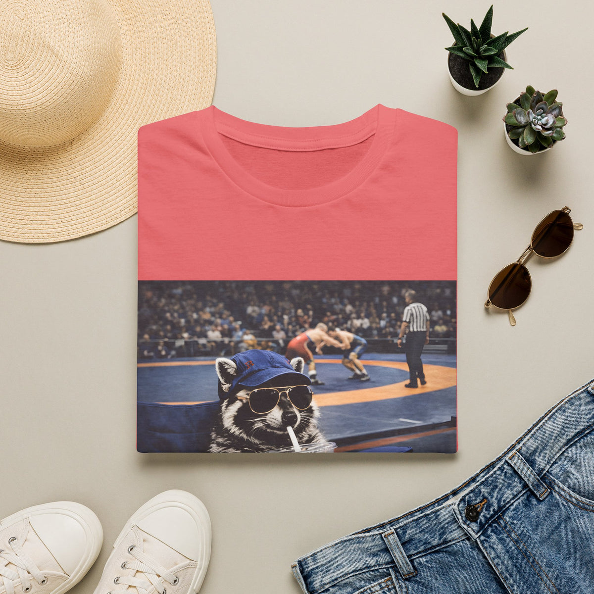 Wrestling Raccoon T‑Shirt — 'I Live Here Now' Funny Sports Tee