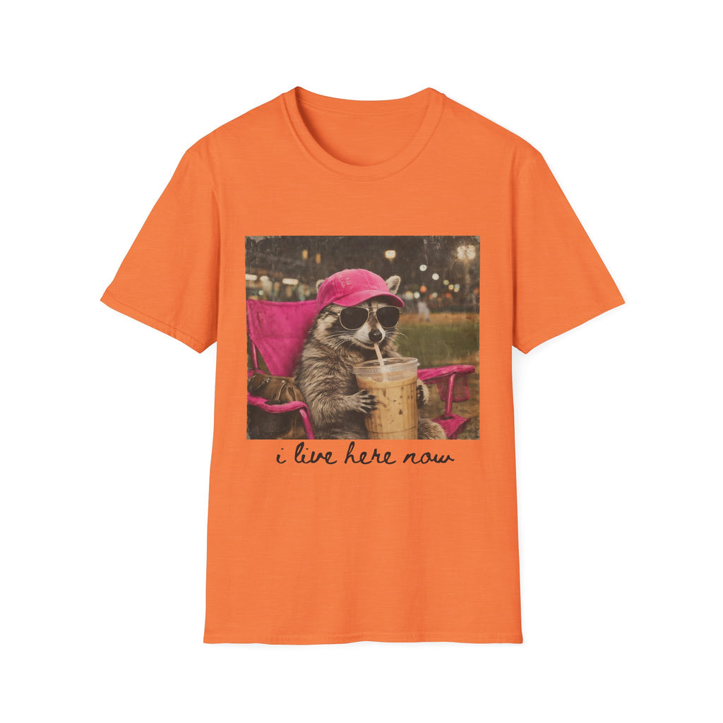 Raccoon Baseball/Softball Relaxing T-Shirt — 'Live Here Now' Retro Vacation Graphic Tee