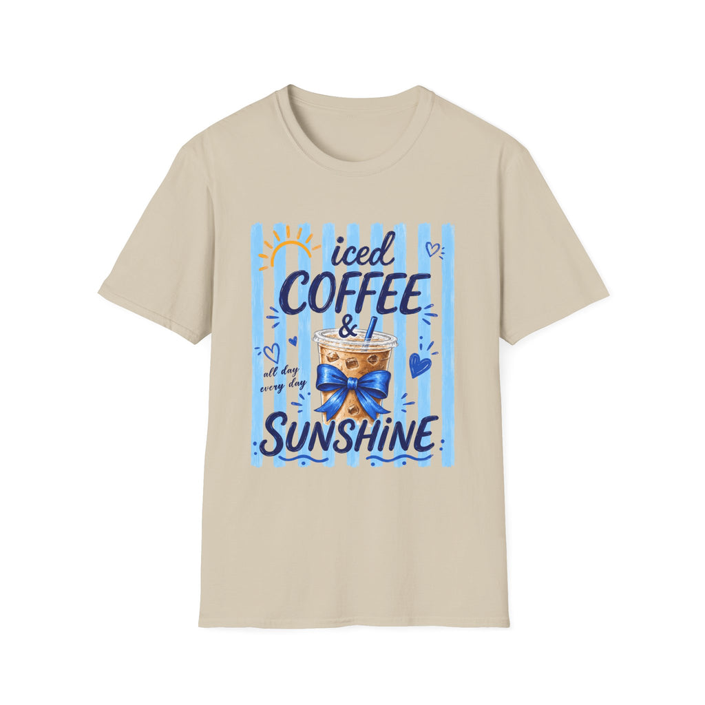 Iced Coffee & Sunshine T-Shirt — Cute Blue Striped Summer Tee