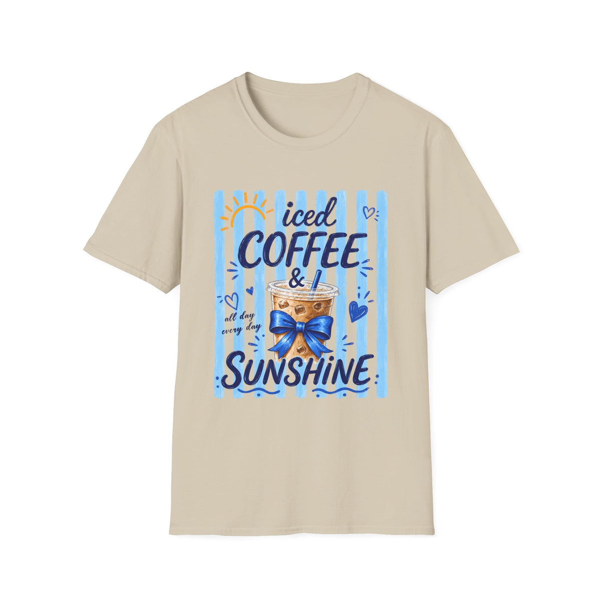 Iced Coffee & Sunshine T-Shirt — Cute Blue Striped Summer Tee