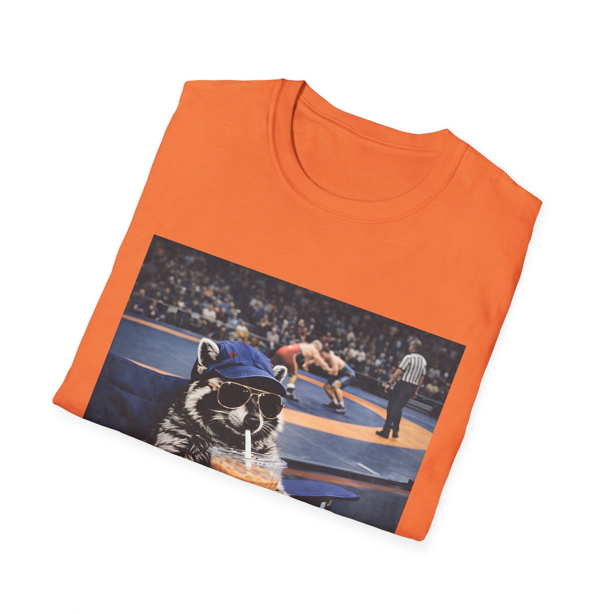 Wrestling Raccoon T‑Shirt — 'I Live Here Now' Funny Sports Tee