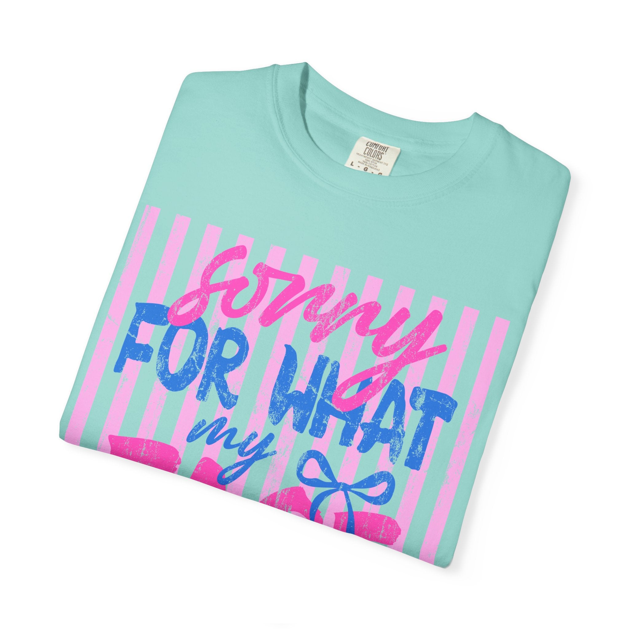 T-Shirt — "Sorry For What My Face Said" Graphic Tee (Pink & Blue Stripes)
