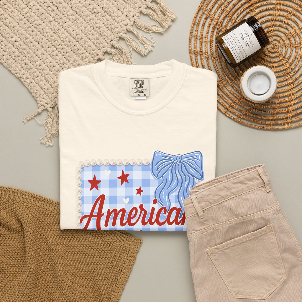 American Honey T-Shirt — Patriotic Gingham Graphic Tee