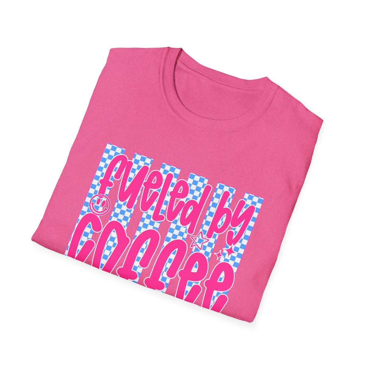 Fueled By Coffee And Anxiety T-Shirt — Retro Pink & Blue Checker Graphic