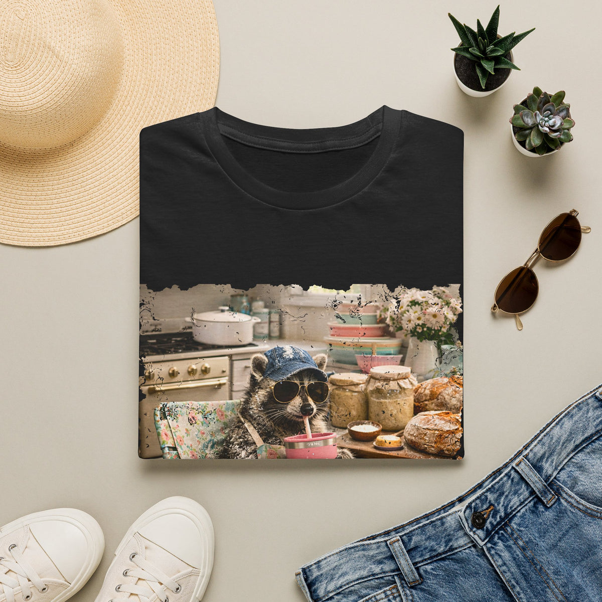 Raccoon Sourdough Vintage Graphic T-Shirt — Cozy Cottagecore Animal Print