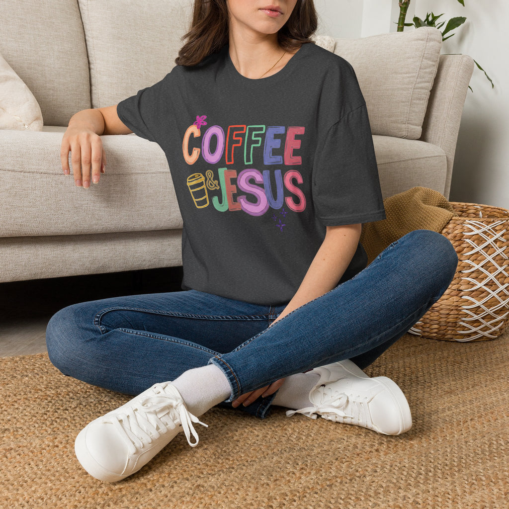 Coffee & Jesus T‑Shirt — Colorful Faith Graphic Tee for Women