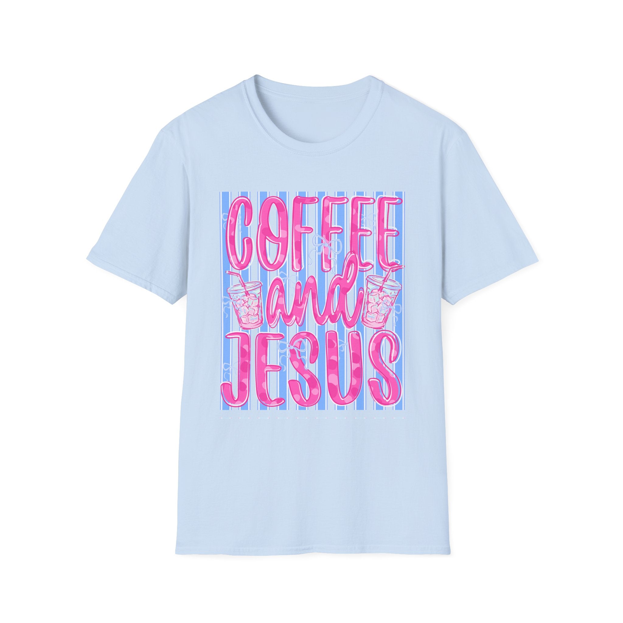 Coffee and Jesus T‑Shirt — Retro Pink & Blue Faith Graphic Tee