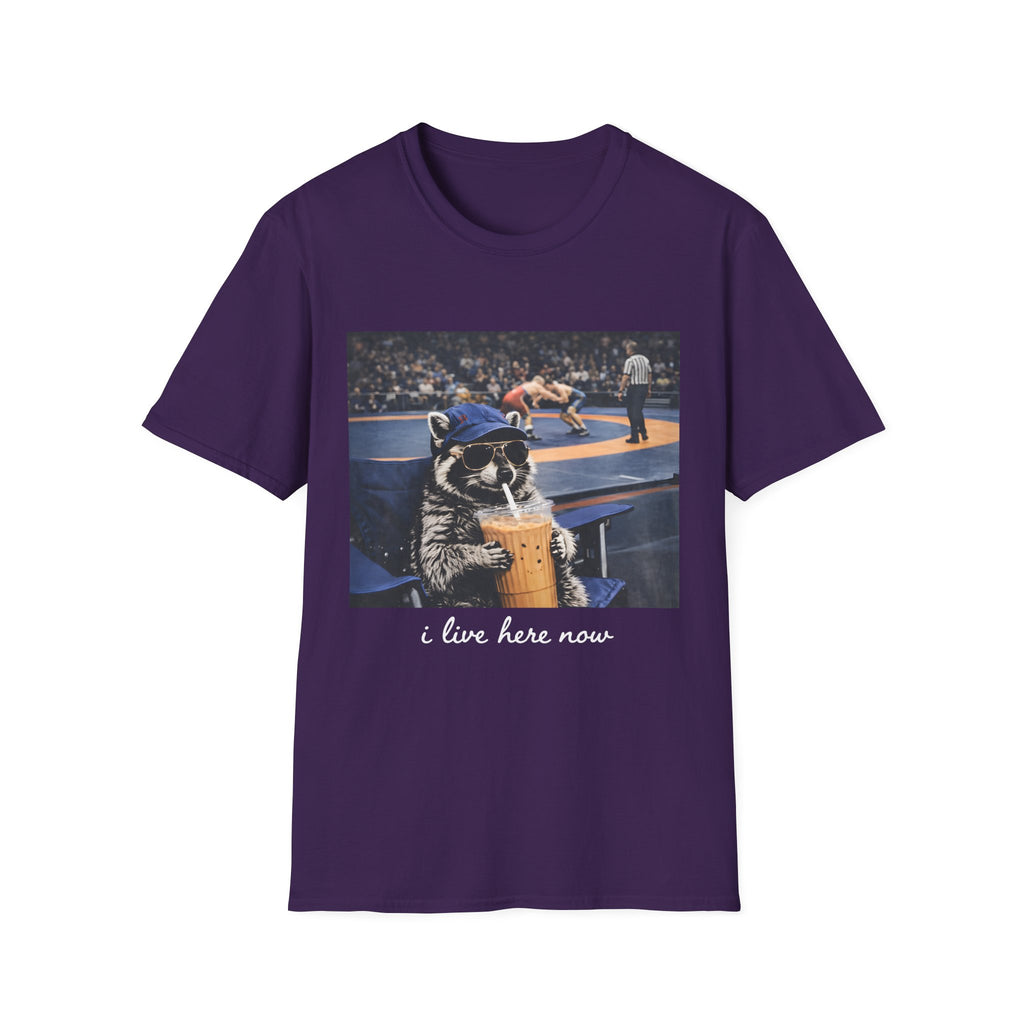 Wrestling Raccoon T‑Shirt — 'I Live Here Now' Funny Sports Tee