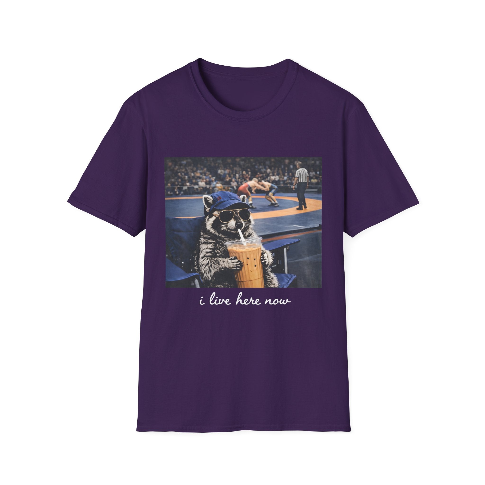 Wrestling Raccoon T‑Shirt — 'I Live Here Now' Funny Sports Tee