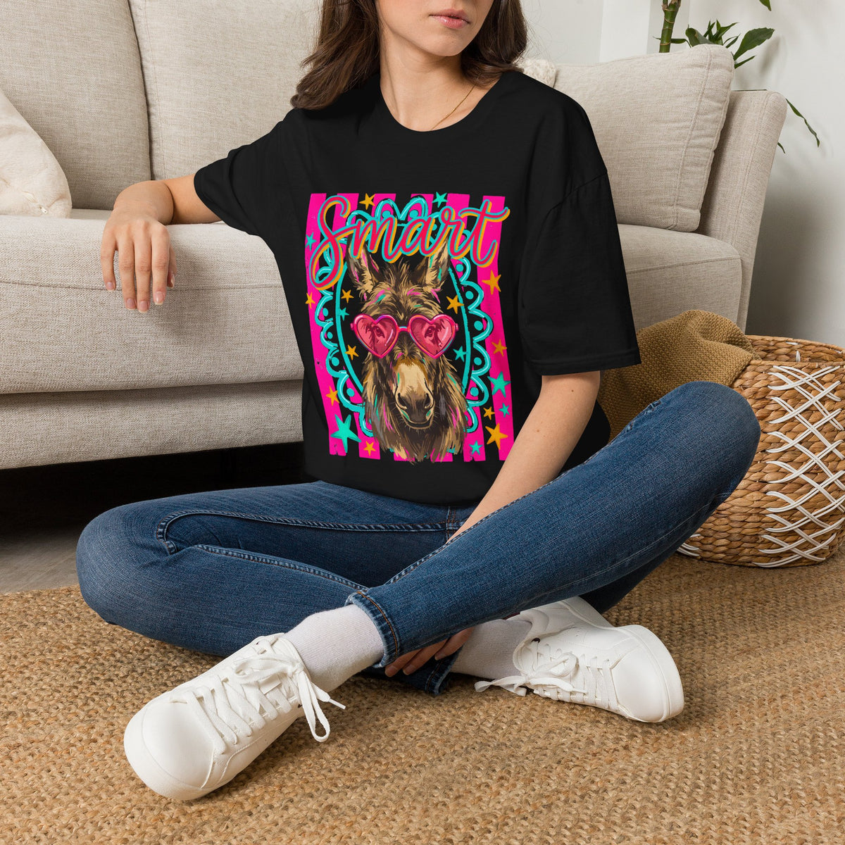 Smart Donkey T-Shirt — Colorful Heart-Sunglasses Graphic Tee for Animal Lovers