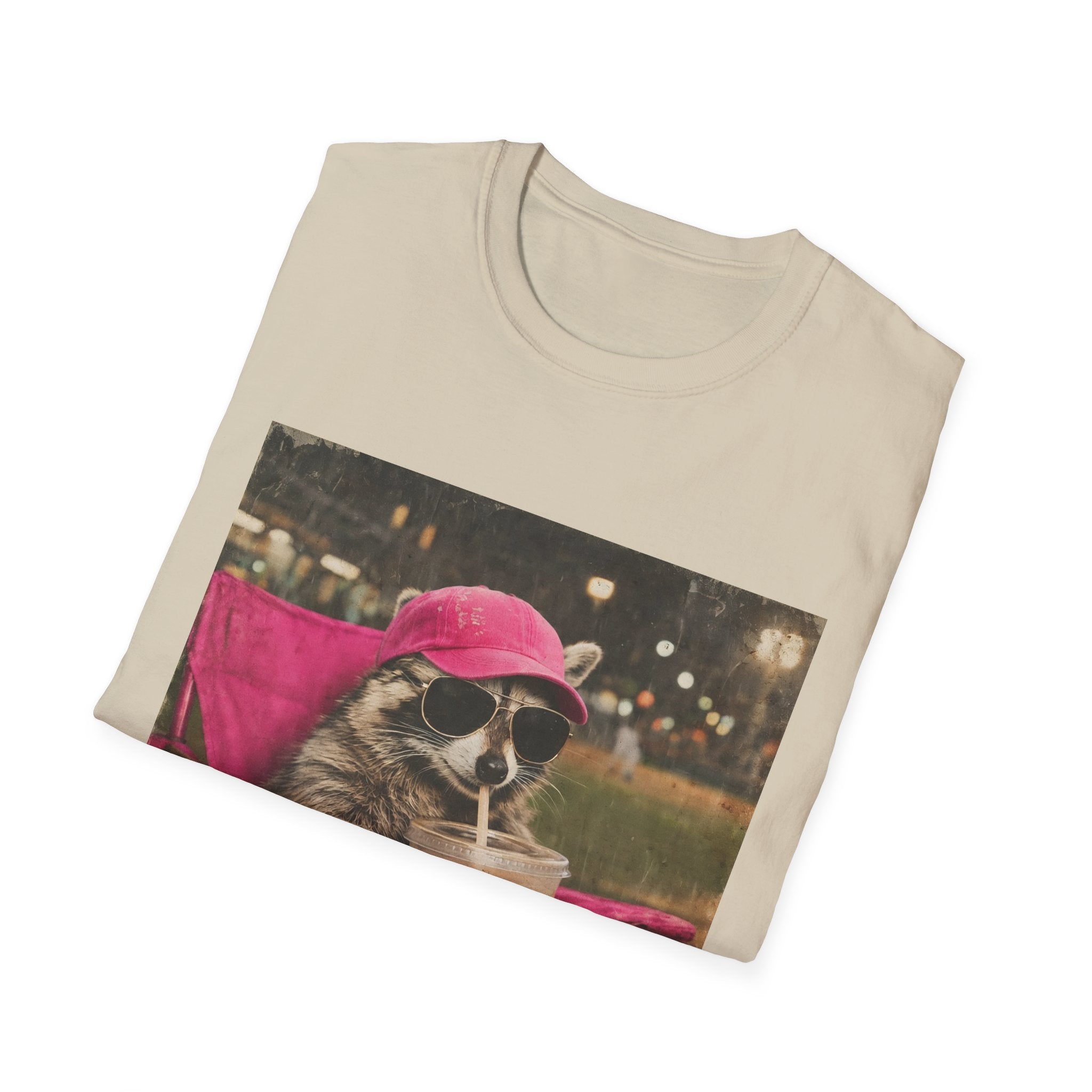 Raccoon Baseball/Softball Relaxing T-Shirt — 'Live Here Now' Retro Vacation Graphic Tee