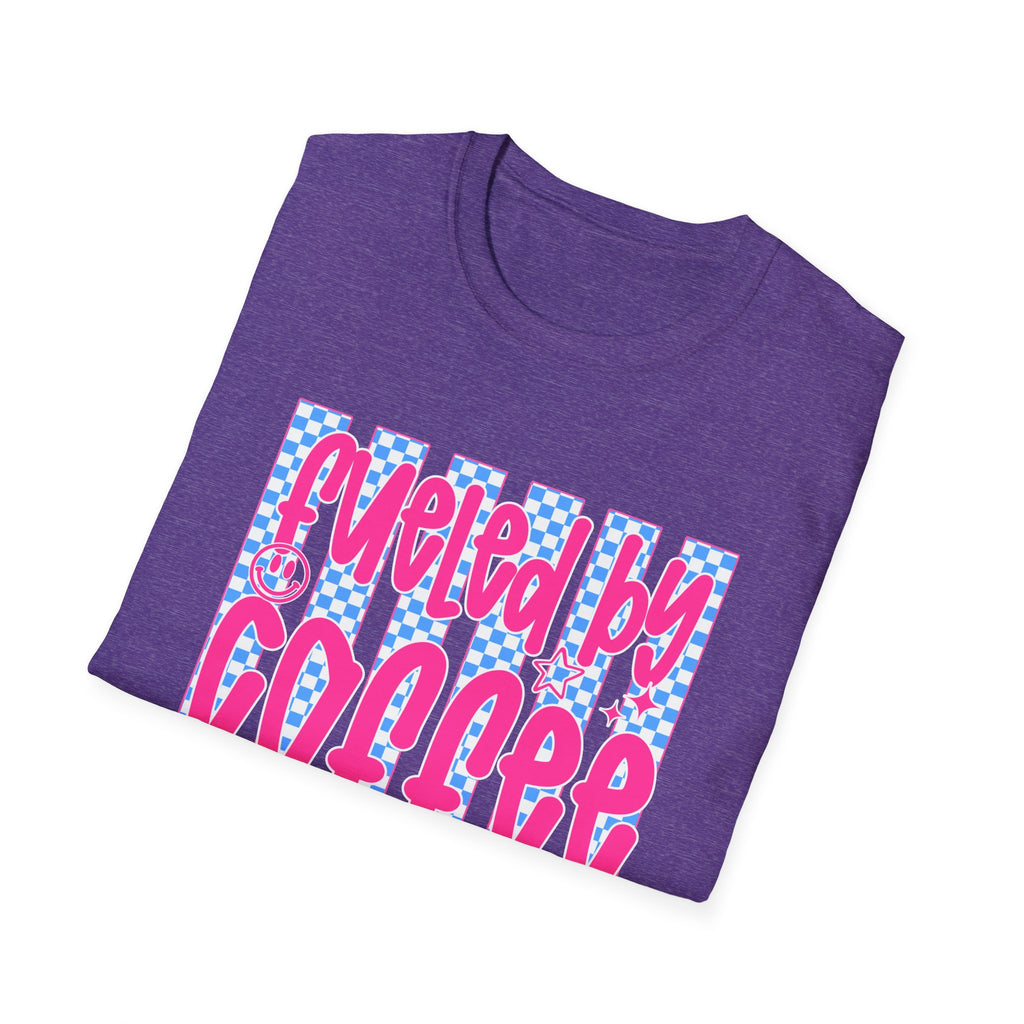 Fueled By Coffee And Anxiety T-Shirt — Retro Pink & Blue Checker Graphic