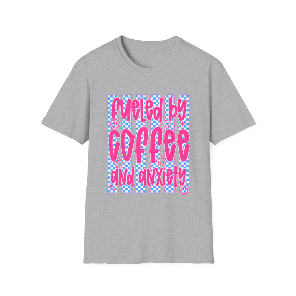 Fueled By Coffee And Anxiety T-Shirt — Retro Pink & Blue Checker Graphic