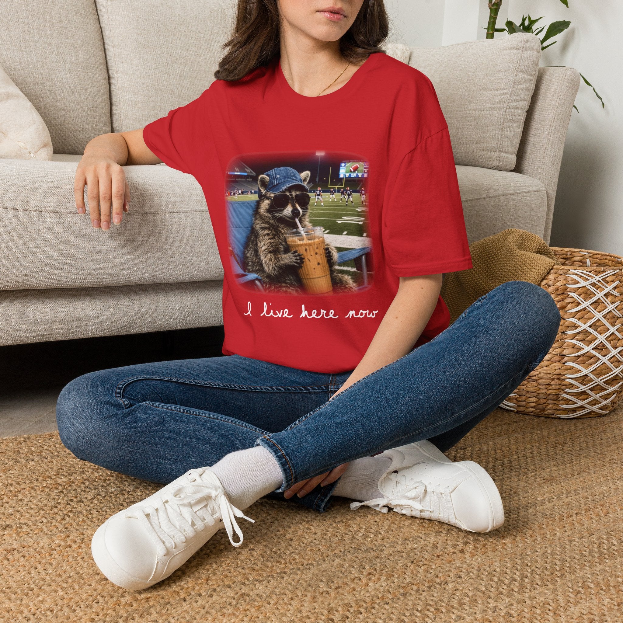 Raccoon Football Stadium Tee – "I Live Here Now" Graphic T-Shirt