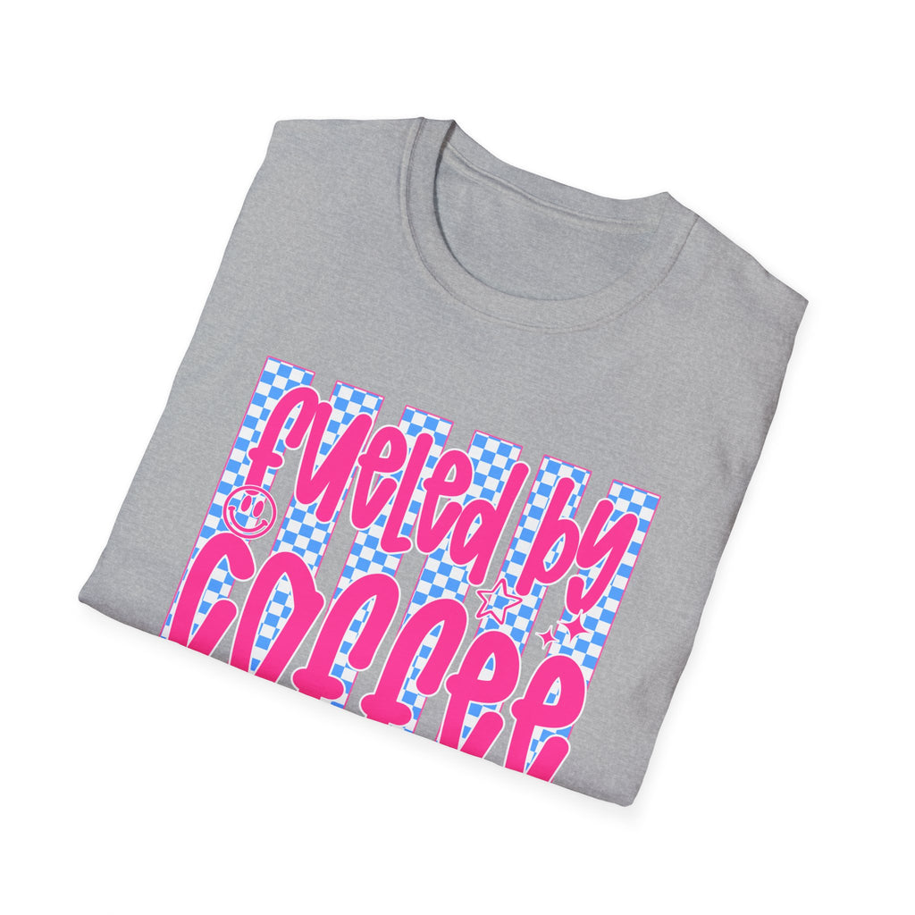 Fueled By Coffee And Anxiety T-Shirt — Retro Pink & Blue Checker Graphic