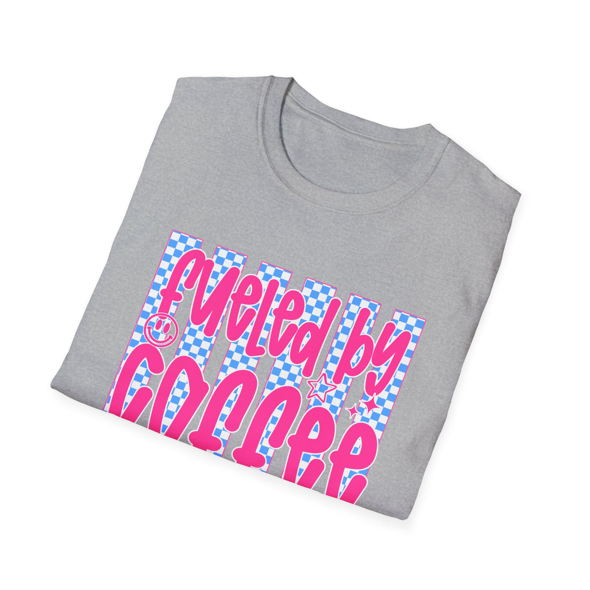 Fueled By Coffee And Anxiety T-Shirt — Retro Pink & Blue Checker Graphic