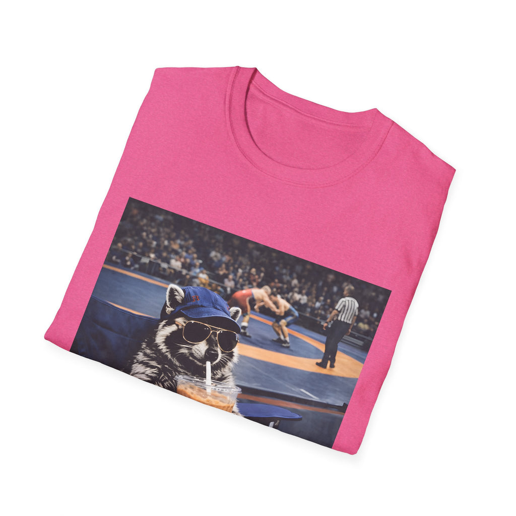 Wrestling Raccoon T‑Shirt — 'I Live Here Now' Funny Sports Tee